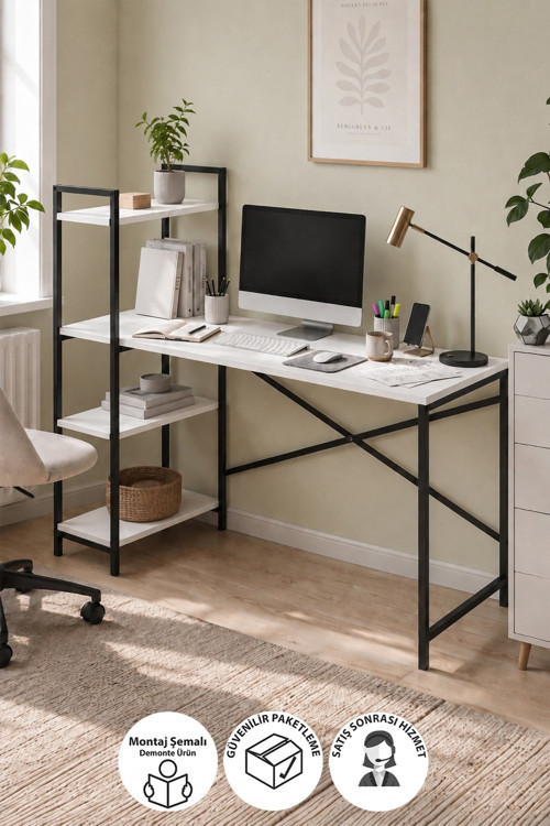 120X55 Cm Raflı Çalışma Masası Bilgisayar Masası Ofis Masası Ders Masası Cervantes Beyaz