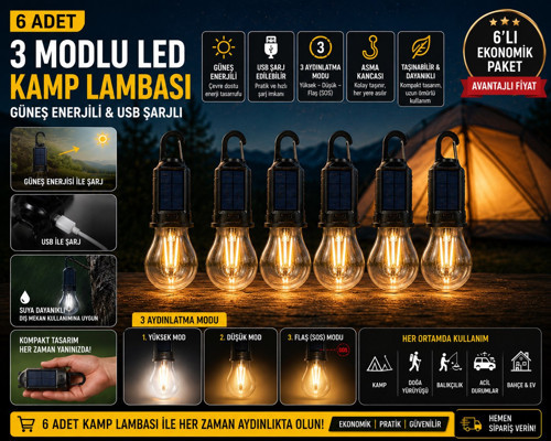 6 ADET Güneş Enerjili USB Şarjlı 3 Modlu LED Asma Kancalı Taşınabilir Kamp Feneri Aydınlatma Lambası