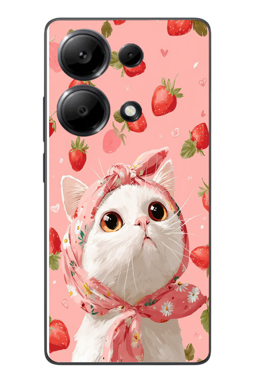 Redmi Note 13 Pro 4G Uyumlu Örtülü Kedi Çilekli Baskılı Silikon Kılıf