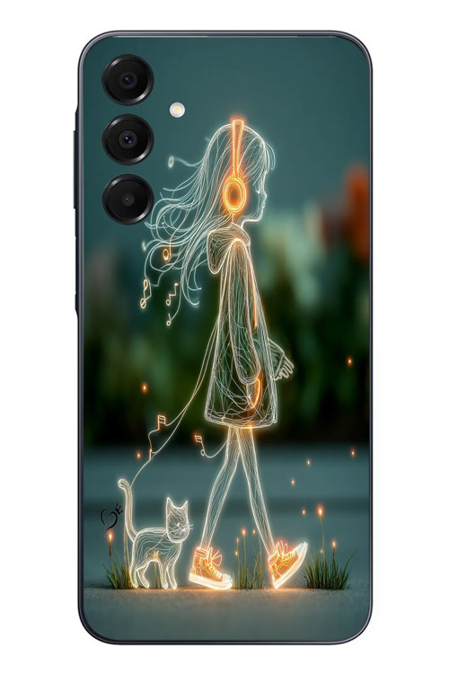 Samsung Galaxy A16 Uyumlu Kedili Neon Kız Baskılı Silikon Kılıf