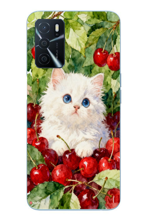 Oppo A16 Uyumlu Kirazlı Kedi Baskılı Silikon Kılıf
