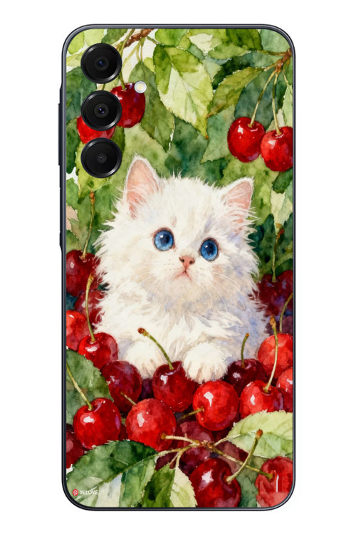 Samsung Galaxy A16 Uyumlu Kirazlı Kedi Baskılı Silikon Kılıf
