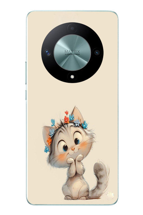 Honor X9B Uyumlu Sevimli Çiçekli Kedi Baskılı Silikon Kılıf