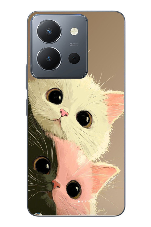 Vivo Y36 Uyumlu Pembe Siyah Beyaz Kedi Baskılı Silikon Kılıf