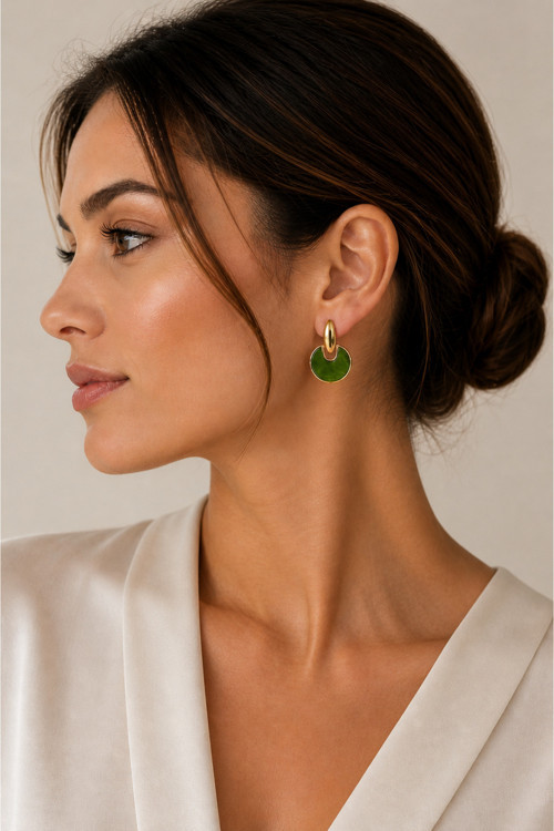 Yeşil Mermer Desenli Gold Detaylı Küpe Modern Şık Kadın Küpe 3.5 CM