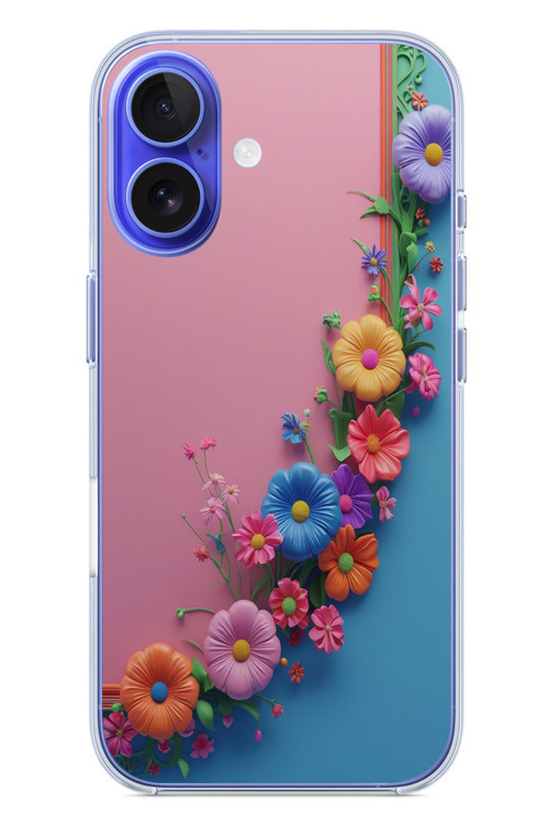 İphone 16 Uyumlu Pembe Mavi Sarmaşık Baskılı Silikon Kılıf