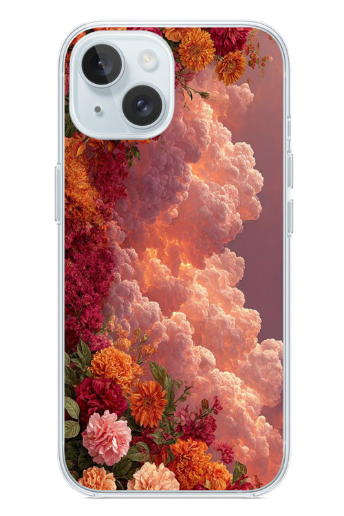 İphone 15 Uyumlu Güller ve Bulutlar Baskılı Silikon Kılıf