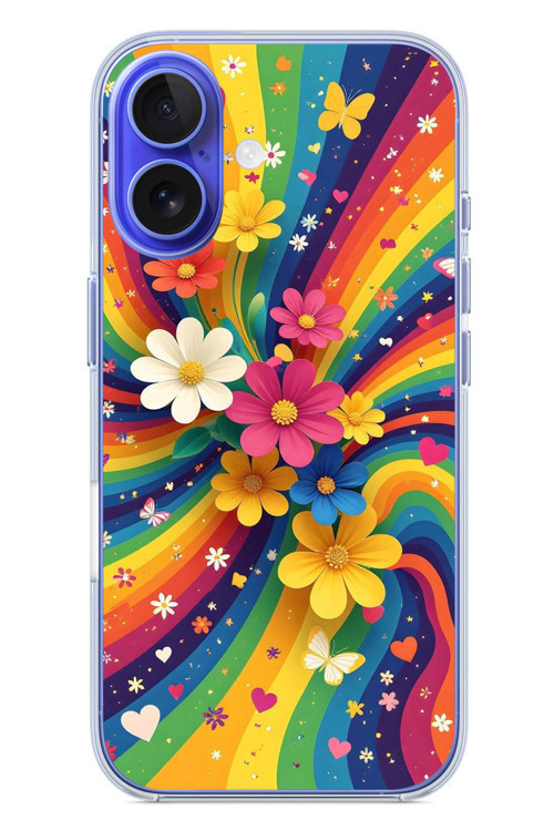 İphone 16 Uyumlu Renkli Gökkuşağı Çiçekleri Baskılı Silikon Kılıf
