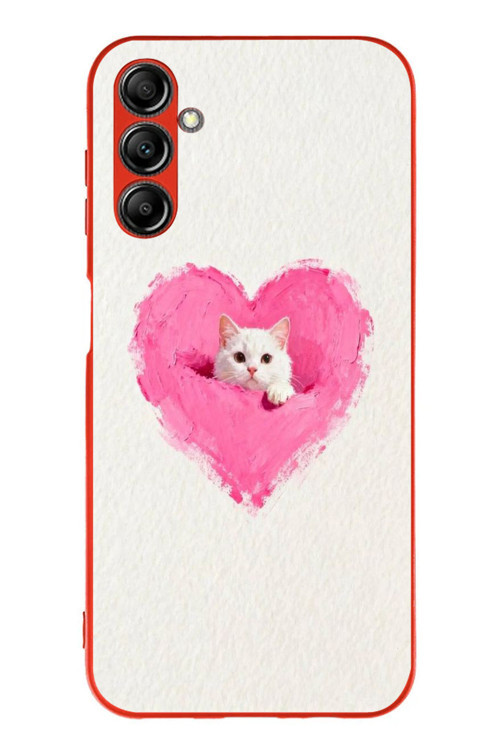 Samsung Galaxy A14 Uyumlu Pembe Kalpli Kedi Baskılı Silikon Kılıf