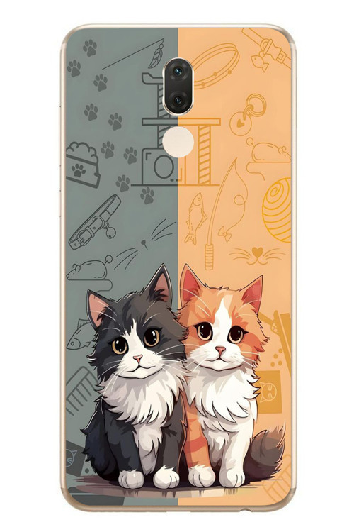 Huawei Mate 10 Lite Uyumlu Sarı Ve Siyah Kedi Baskılı Silikon Kılıf