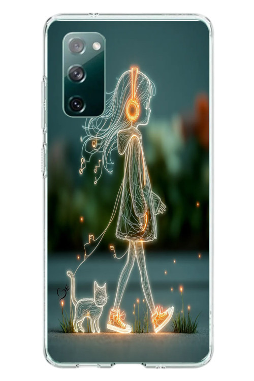 Samsung Galaxy S20 Fe Uyumlu Kedili Neon Kız Baskılı Silikon Kılıf
