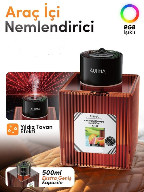 Auhma AF-09 Araç İçi Hava Nemlendirici & Koku Makinesi Hilton Esansı – 500ml Aromaterapi Difüzör + RGB Işıklı