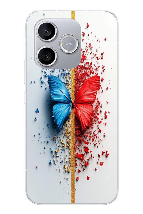 Honor 600 Lite Uyumlu Kırmızı Mavi Kelebek Baskılı Silikon Kılıf
