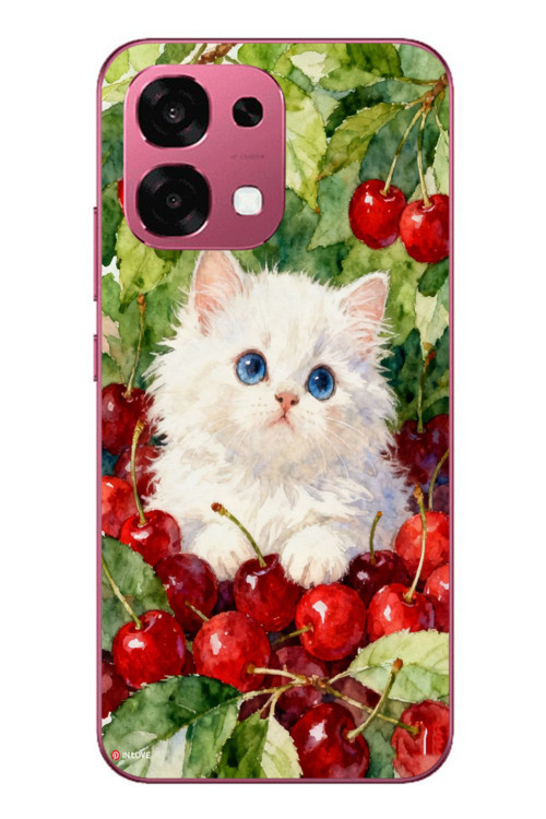Oppo A6 Pro Uyumlu Kirazlı Kedi Baskılı Silikon Kılıf