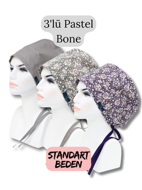 Standart Beden 3lü Pastel Bone Gri Tek Renk Gri Çıtı Pıtı Mor Çıtı Pıtı Çiçekler Cerrahi Bone