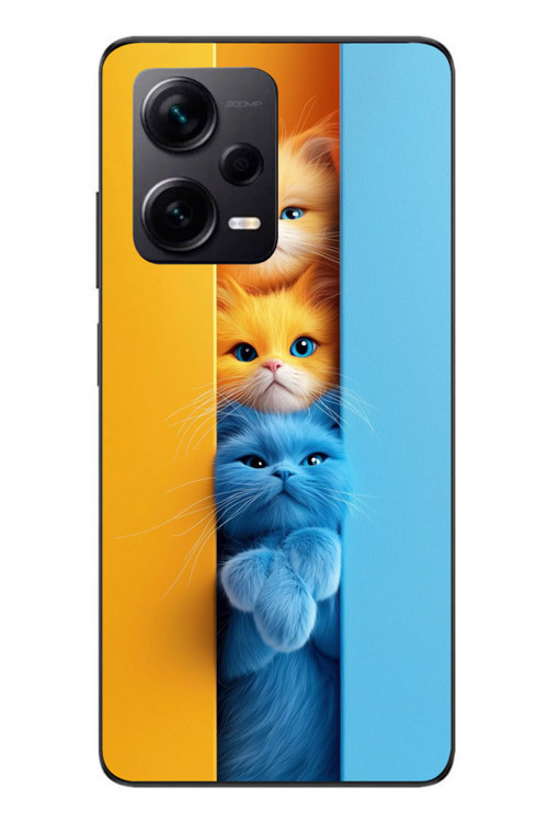 Redmi Note 12 Pro Plus Uyumlu Mavi Sarı Kediler Baskılı Silikon Kılıf