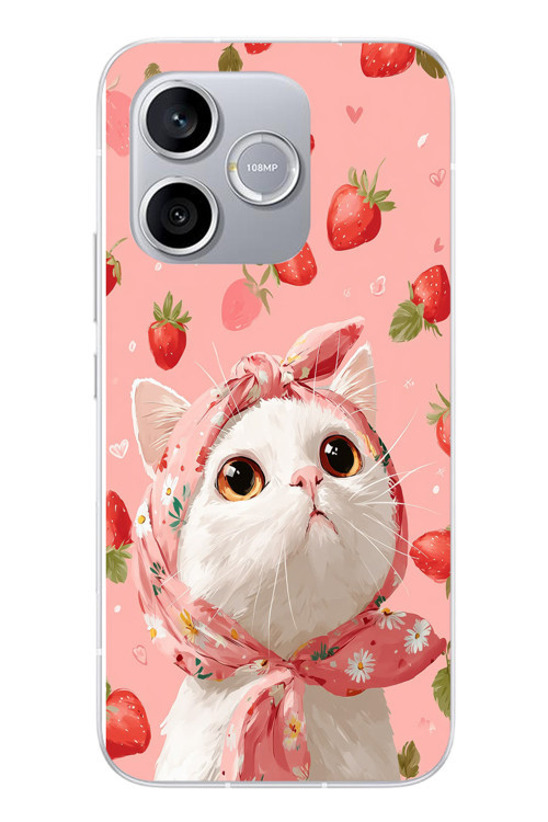 Honor 600 Lite Uyumlu Örtülü Kedi Çilekli Baskılı Silikon Kılıf