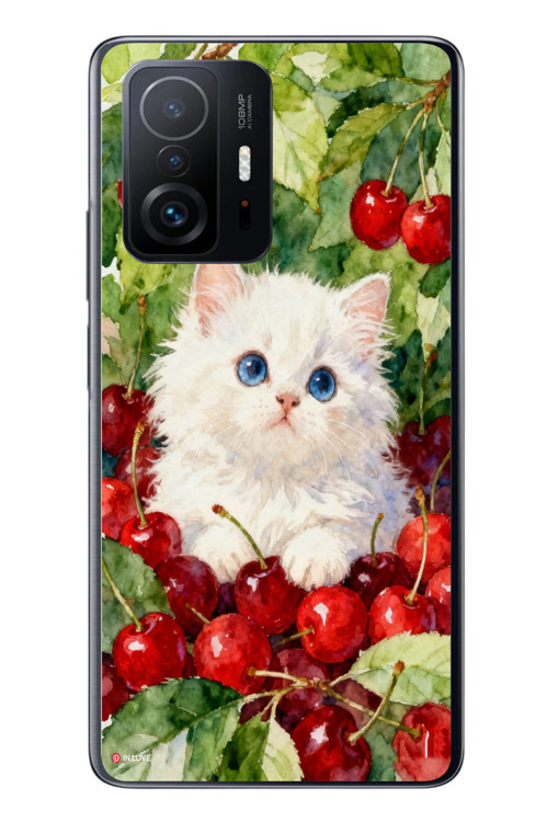 Xiaomi Mi 11 T-11 T Pro Uyumlu Kirazlı Kedi Baskılı Silikon Kılıf