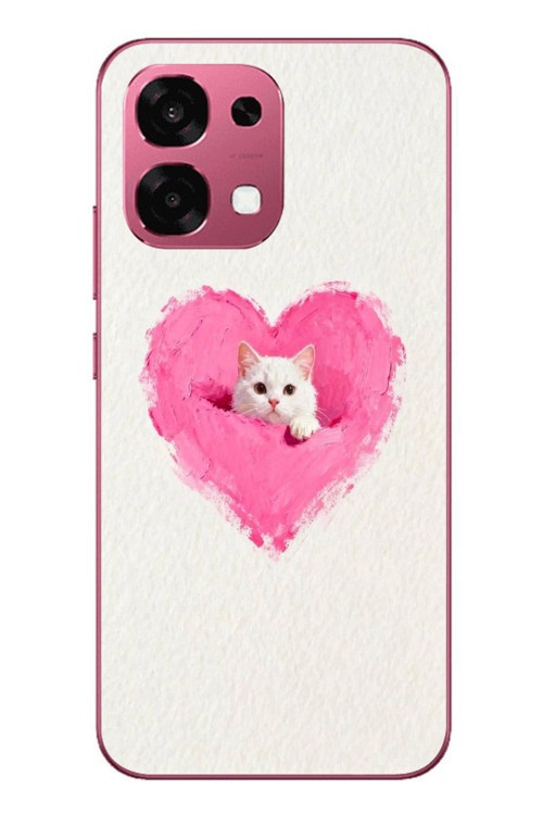 Oppo A6 Pro Uyumlu Pembe Kalpli Kedi Baskılı Silikon Kılıf