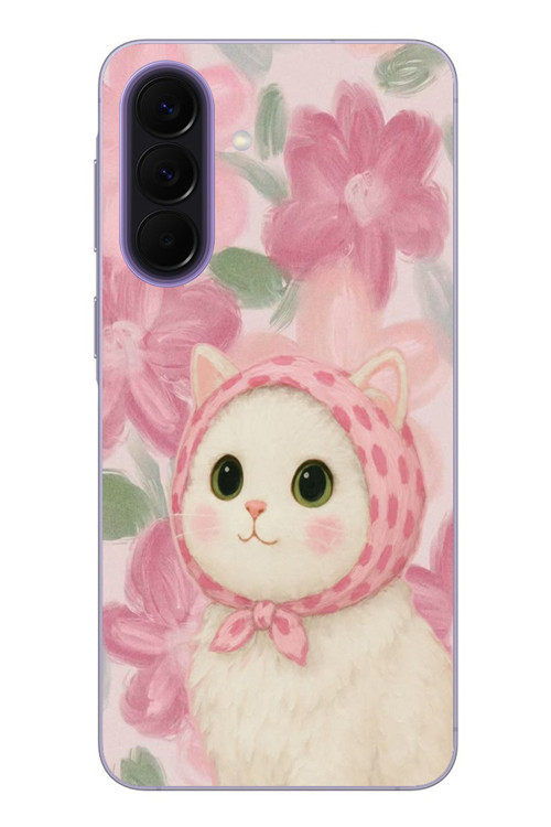 Samsung Galaxy A57 Uyumlu Pembe Örtülü Kedi Baskılı Silikon Kılıf
