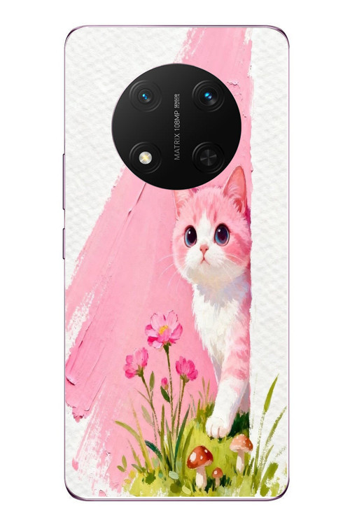Honor Magic 7 Lite Uyumlu Pembeli Kedi Baskılı Silikon Kılıf