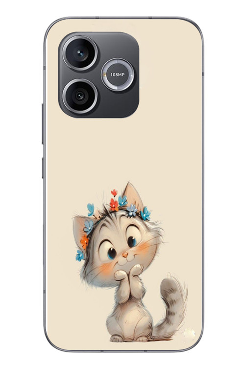 Honor 600 Uyumlu Sevimli Çiçekli Kedi Baskılı Silikon Kılıf