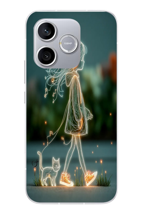 Honor 600 Lite Uyumlu Kedili Neon Kız Baskılı Silikon Kılıf