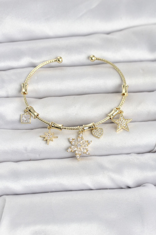 Pirinç Gold Renk Lotus Detay Charmlı Kadın Bileklik TJ-BB8503