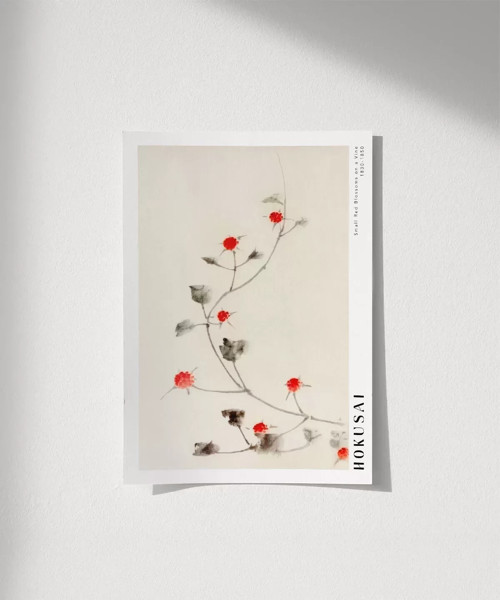 Çerçevesiz Poster Hokusai Asma Üzerinde Küçük Kırmızı Çiçekler