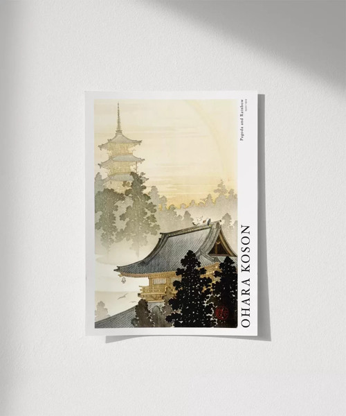 Çerçevesiz Poster Ohara Koson Pagoda ve Gökkuşağı