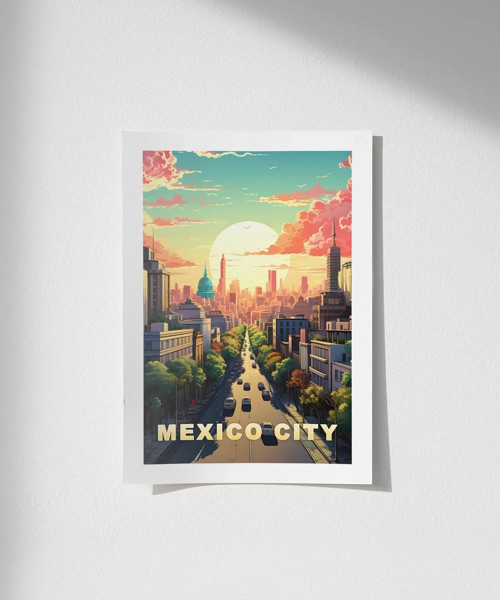 Çerçevesiz Poster Mexico City Gün Batımı ve Şehir Silüeti
