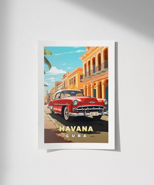 Çerçevesiz Poster Havana Sokaklarında Klasik Bir Araba