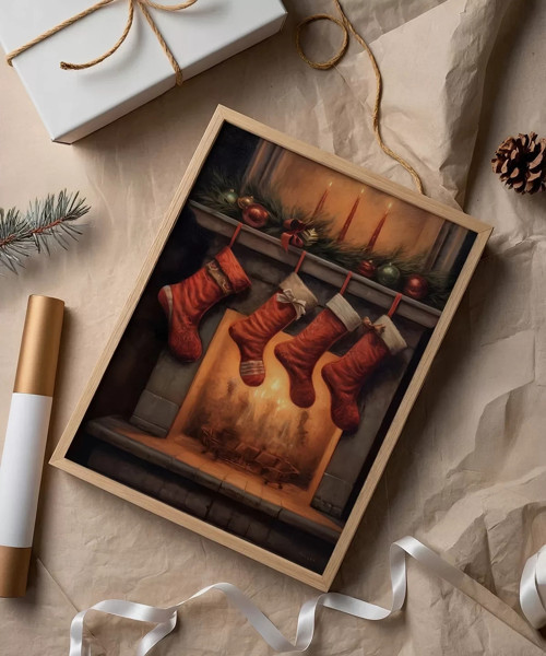 Çerçevesiz Poster Şömine ve Noel Çorapları