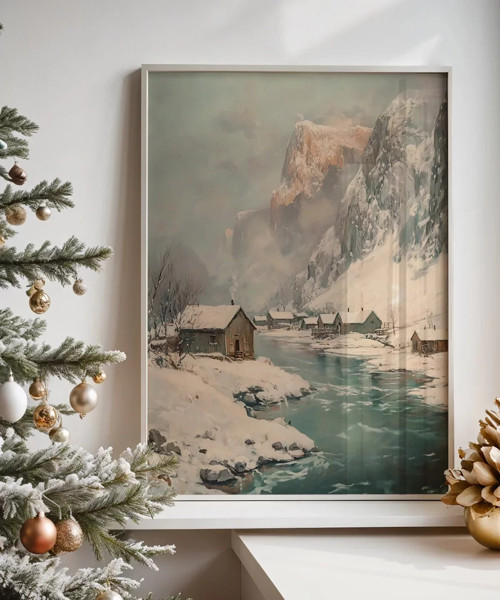 Çerçevesiz Poster Nehir Kenarında Dağ Evi