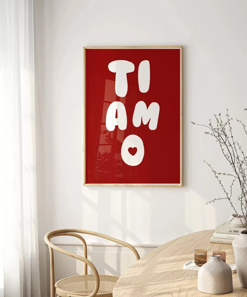 Çerçevesiz Poster Ti Amo Kalp Detaylı Tipografik