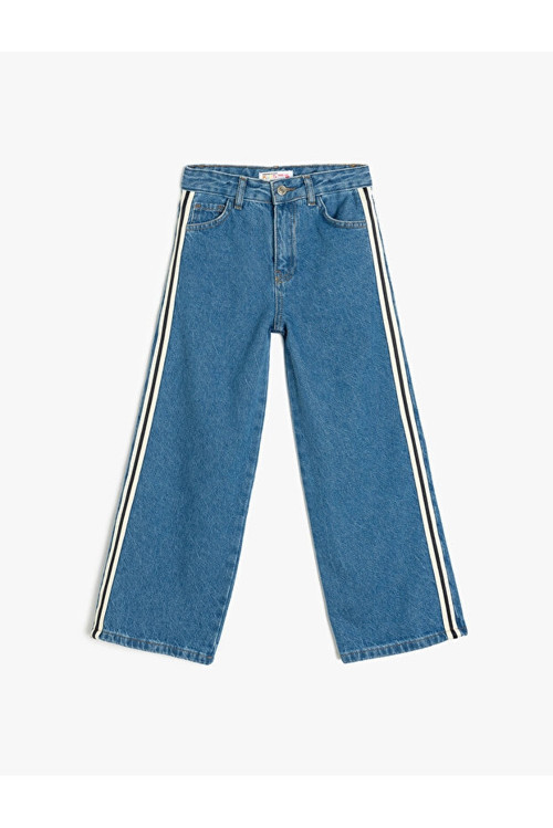 Kız Çocuk Şerit Detaylı Pamuklu Bol Paça Denim Pantolon