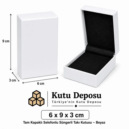 6x9x3 cm Tam Kapaklı Selefonlu Süngerli Takı Kutusu - Beyaz (DEMONTE) (50 ADET)