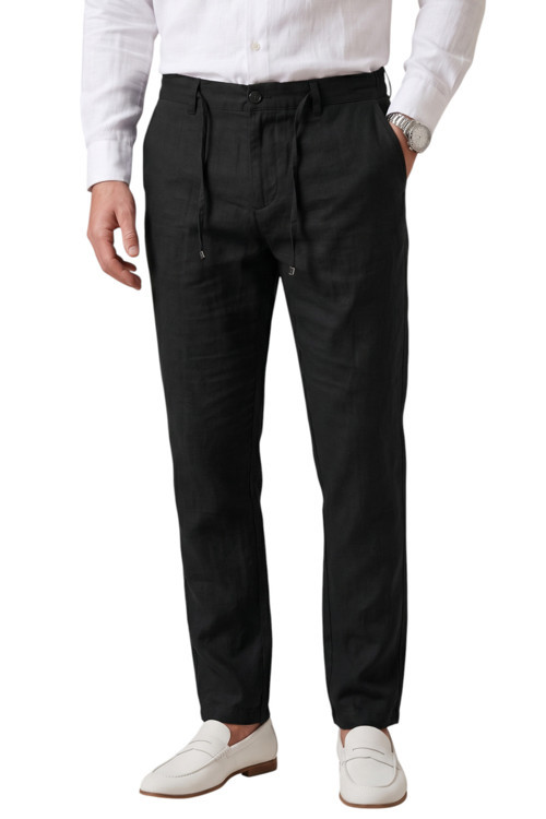 Siyah Slim Fit Likralı Keten Dokulu Lastikli Belli İpli Yazlık Erkek Pantolon 2603001