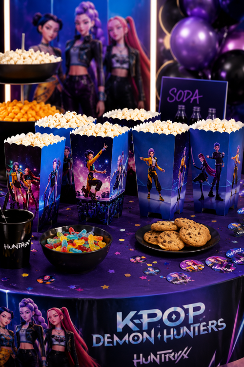 K Pop Huntrix Demon Hunters Mısır Kutusu 8'li Popcorn Kutusu Doğum Günü Parti Seti