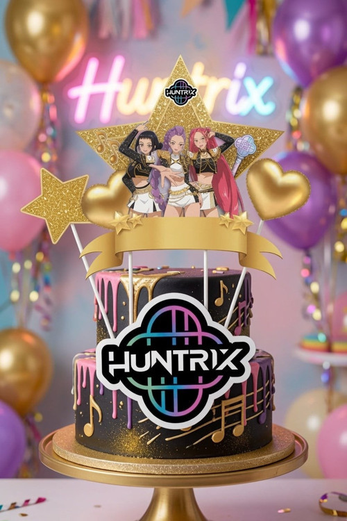 K Pop Huntrix Demon Hunters Gold Pasta Süsü 4'lü Çubuklu Doğum Günü Pasta Dekoru