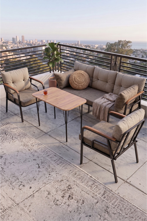 Ekon Serisi 1. Sınf 3+1+1 Ve 1 Adet Orta Sehpa 2 Yastıklı Cappucino Bahçe Balkon Oturma Koltuk Takımı