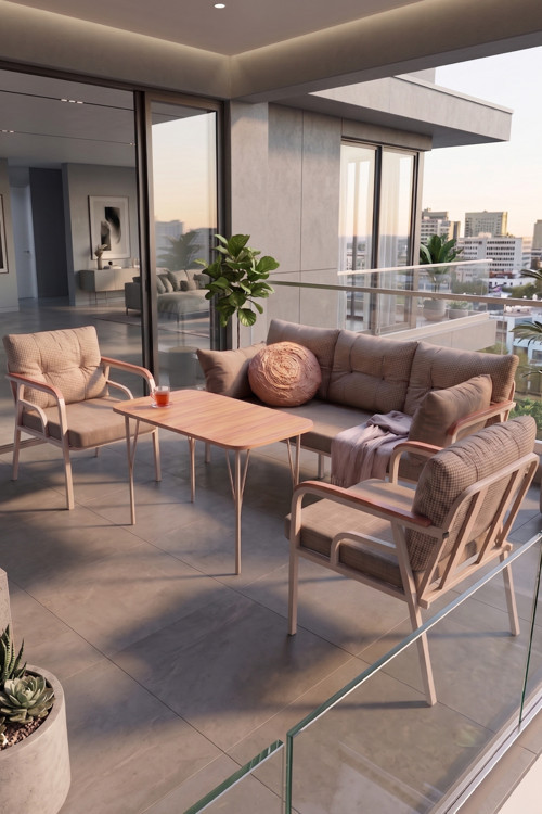 Ekon Serisi 1. Sınf 3+1+1 Ve 1 Adet Orta Sehpa 2 Yastıklı Cappucino İskeletli Bahçe Balkon Oturma Koltuk Takımı