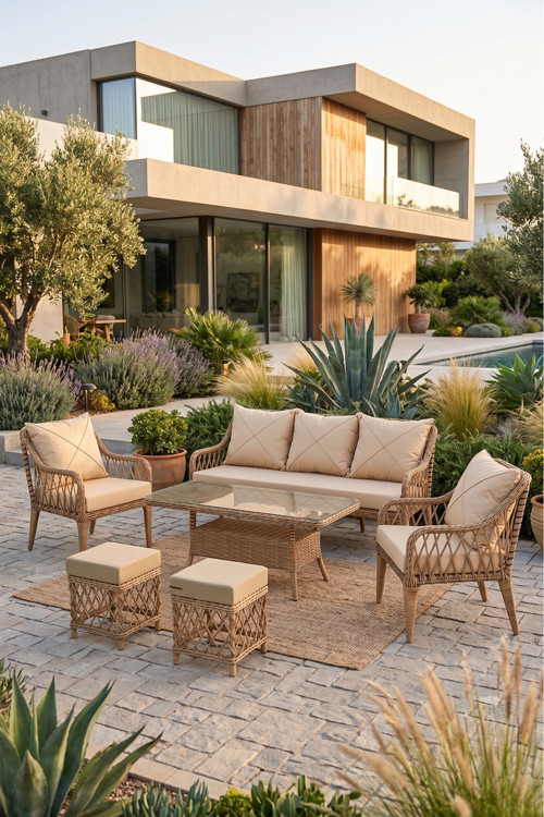 Tulipa Serisi 1.Sınıf 3+1+1 +2 Puf Cappucino Rattan, Cappucino Minder Bahçe Balkon Oturma Koltuk Takımı