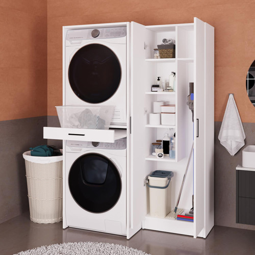 ALVESSA Y0440 İkili Set Çamaşır ve Kurutma Makinesi Dolabı Beyaz Kapaklı Banyo Dolabı Çamaşır
