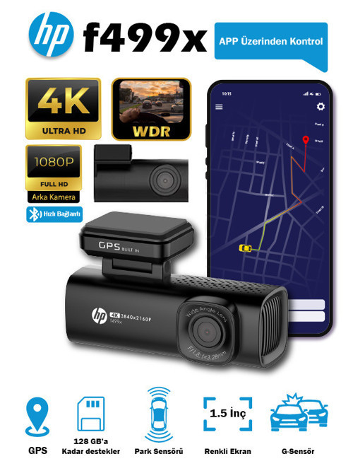 F499x 4k Wdr, Araçiçi Ön + Arka Kamera, 1.5 Inch Renkli Lcd Ekran, Gps Li, Wi-fi Destekli