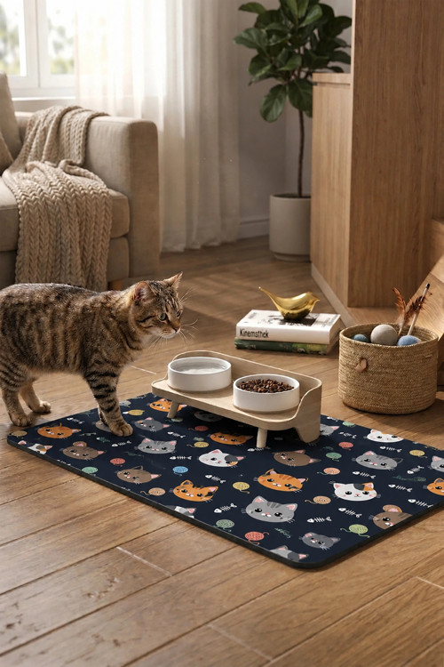 Kedi Köpek Beslenme Matı 50x70cm Balık Kılçıklı Su Geçirmez Mama Kabı Altlığı Paspası