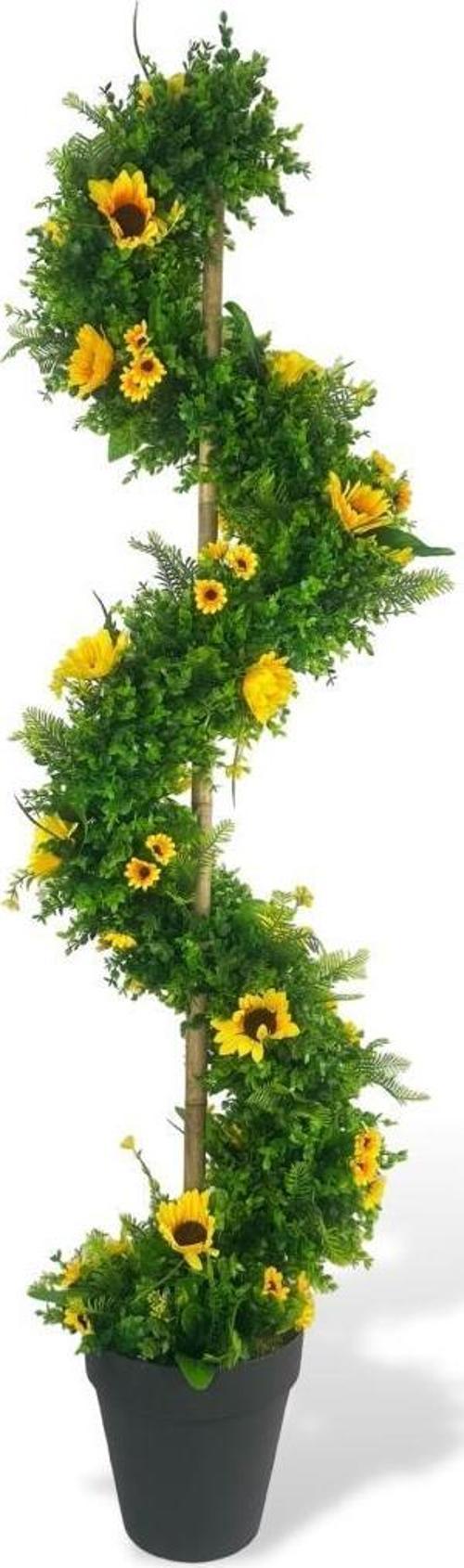 Yapay Ağaç Ay Çiçekli Spiral Şimşir Ağacı 160 cm Bambu Saplı Salon Bitkisi