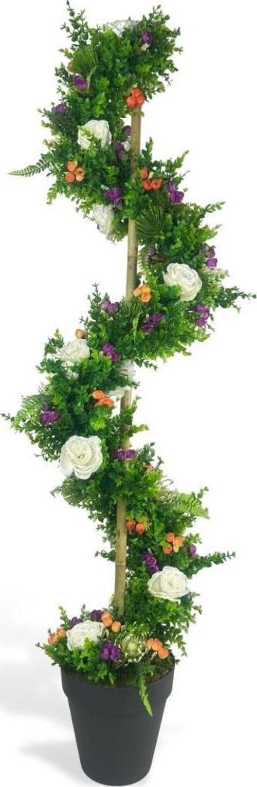 Yapay Ağaç Beyaz Pastel Şakayıklı Spiral Şimşir Ağacı 160 cm Bambu Saplı Salon Bitkisi