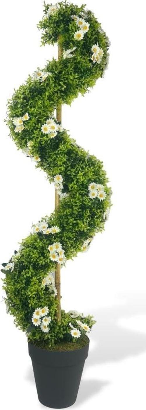 Yapay Ağaç Doğal Papatyalı Spiral Şimşir Ağacı 160 cm Bambu Saplı Salon Bitkisi