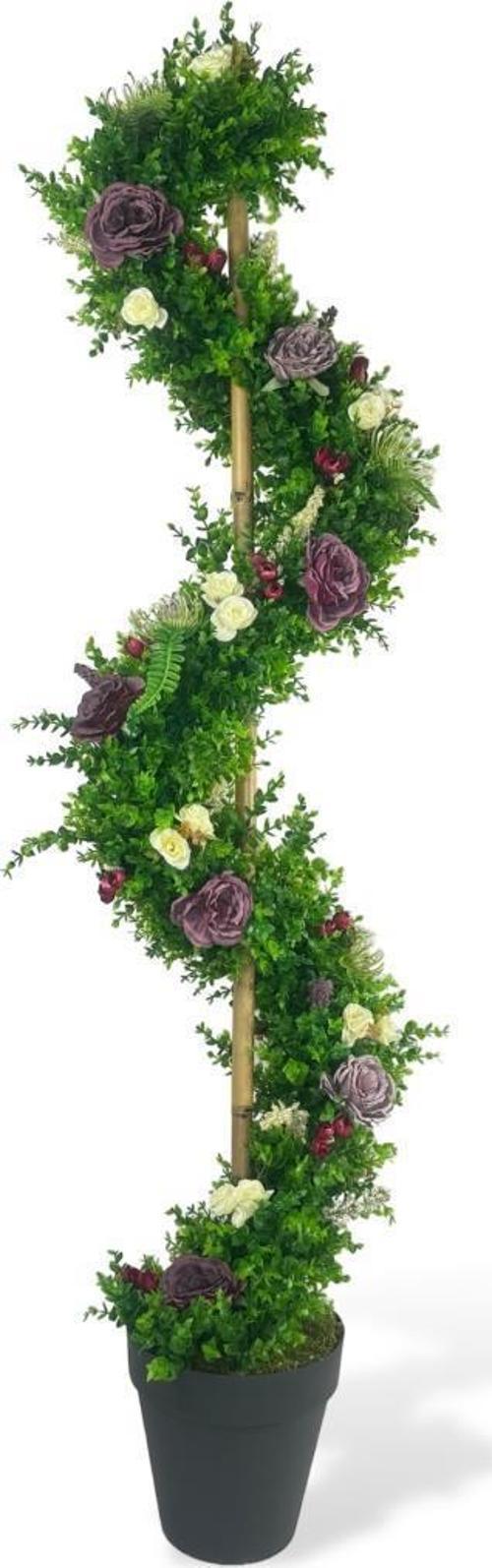 Yapay Ağaç Mor Pastel Şakayıklı Spiral Şimşir Ağacı 160 cm Bambu Saplı Salon Bitkisi